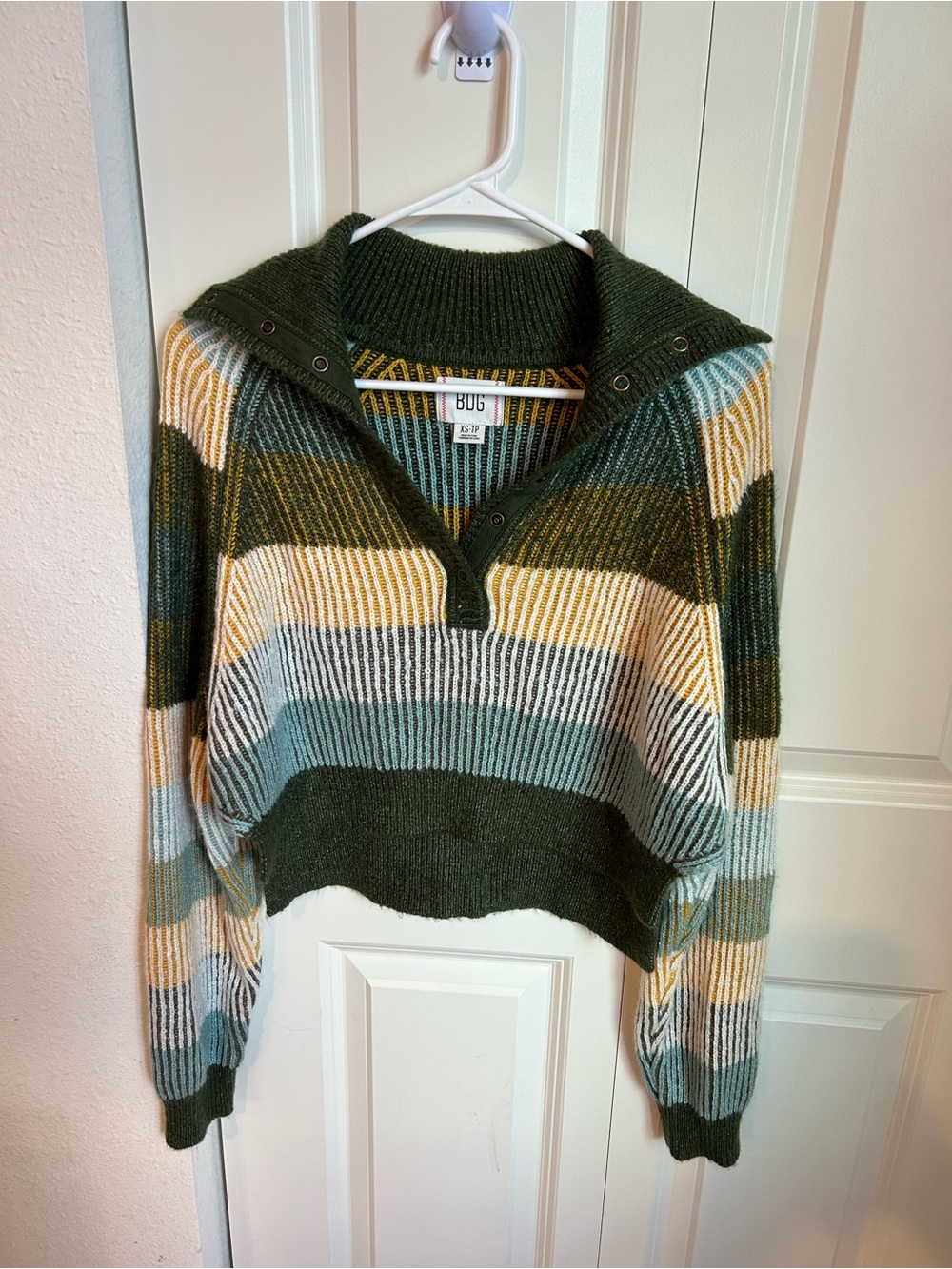 BDG Olive Multi-Stripe Ribbed Half-Zip Turtleneck Sweater